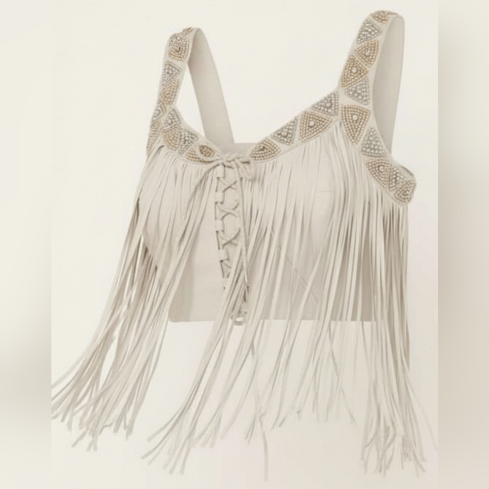 Idyllwind Cream Fringe Lace-Up Tank Top with Beaded Straps